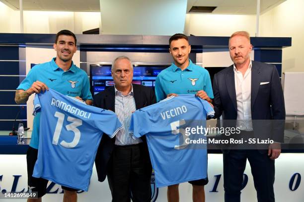 Lazio new player Alessio Romagnoli and Matias Vecino with SS Lazio President Claudio Lotito and SS Lazio manager Igli Tare during the presse...
