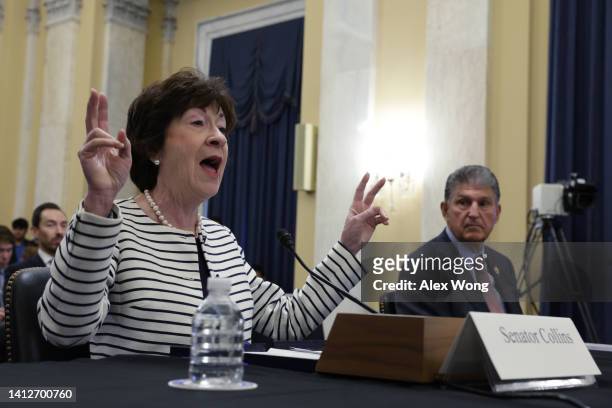 Sen. Joe Manchin and Sen. Susan Collins testify during a hearing on the Electoral Count Act before Senate Rules and Administration Committee at...