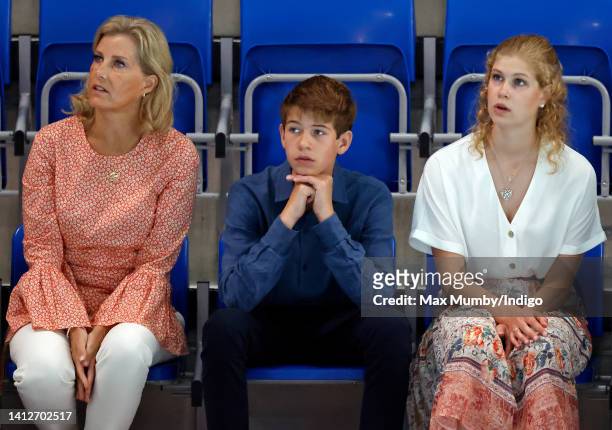Sophie, Countess of Wessex, James, Viscount Severn and Lady Louise Windsor watch the swimming during the 2022 Commonwealth Games at the Sandwell...