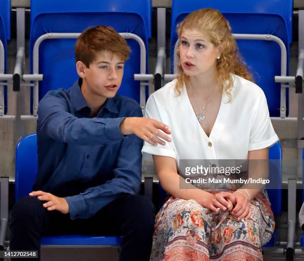 James, Viscount Severn and Lady Louise Windsor watch the swimming during the 2022 Commonwealth Games at the Sandwell Aquatics Centre on August 2,...