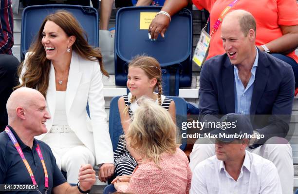 Catherine, Duchess of Cambridge, Princess Charlotte of Cambridge and Prince William, Duke of Cambridge watch the England v India Women's hockey match...