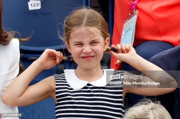 Princess Charlotte of Cambridge attends the England v India Women's hockey match during the 2022 Commonwealth Games at the University of Birmingham...