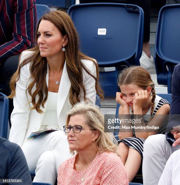 Catherine, Duchess of Cambridge and Princess Charlotte of Cambridge watch the England v India Women's hockey match during the 2022 Commonwealth Games...