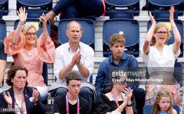 Sophie, Countess of Wessex, Prince Edward, Earl of Wessex, James, Viscount Severn and Lady Louise Windsor watch the England v India Women's hockey...
