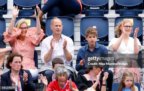 Sophie, Countess of Wessex, Prince Edward, Earl of Wessex, James, Viscount Severn and Lady Louise Windsor watch the England v India Women's hockey...