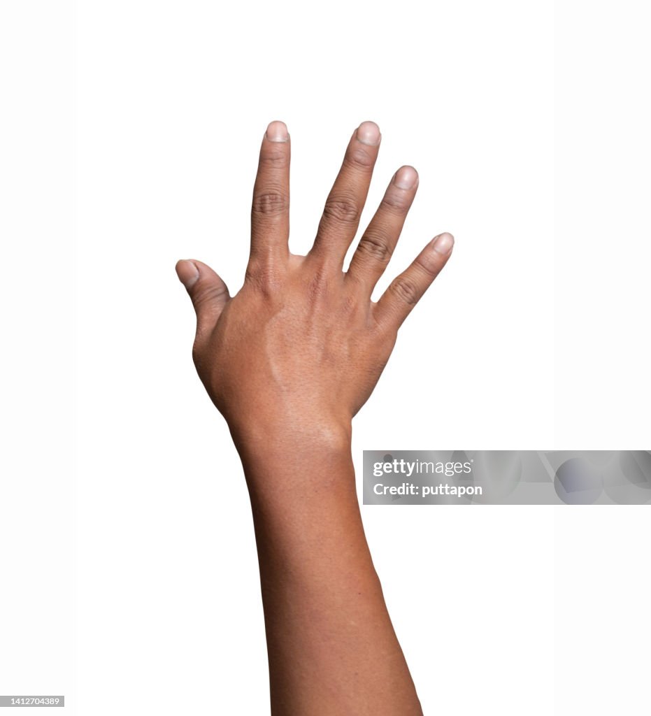 Male hand Hand of a close-up male worker in various poses on a white background with Clipping Path