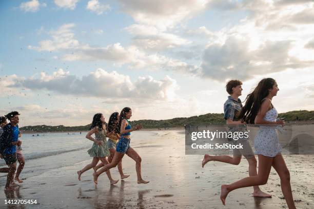 running from the waves - boy exploring on beach stock pictures, royalty-free photos & images