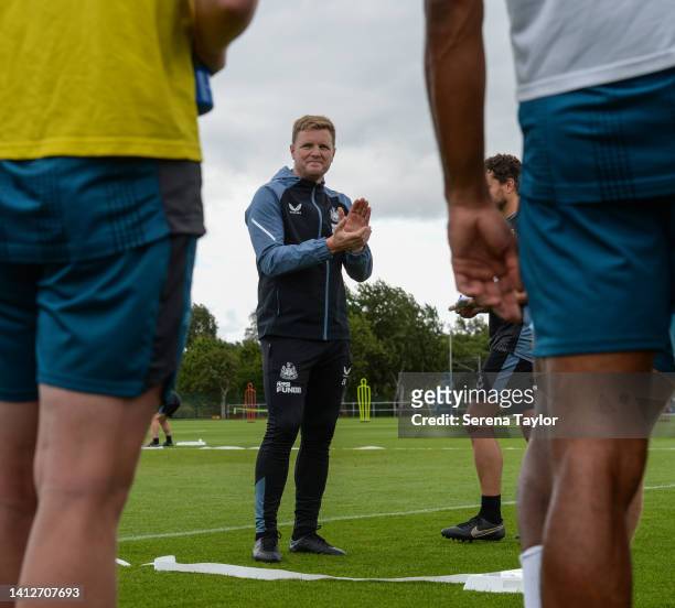 Newcastle United Head Coach Eddie Howe claps during the Newcastle United Training Session at the Newcastle United Training Centre on August 03, 2022...