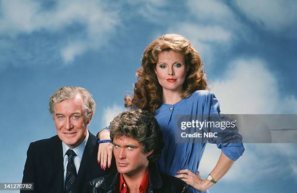 Season 2 -- Pictured: Edward Mulhare as Devon Miles, David Hasselhoff as Michael Knight, Rebecca Holden as April Curtis -- Photo by: Herb Ball/NBCU...