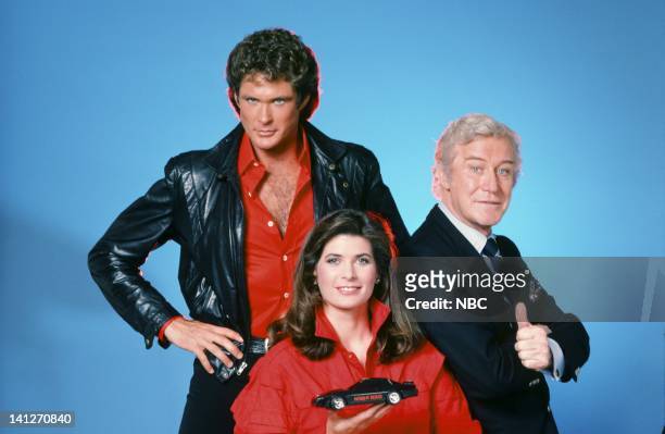 Season 3 -- Pictured: David Hasselhoff as Michael Knight, Patricia McPherson as Bonnie Barstow, Edward Mulhare as Devon Miles -- Photo by: Gary...