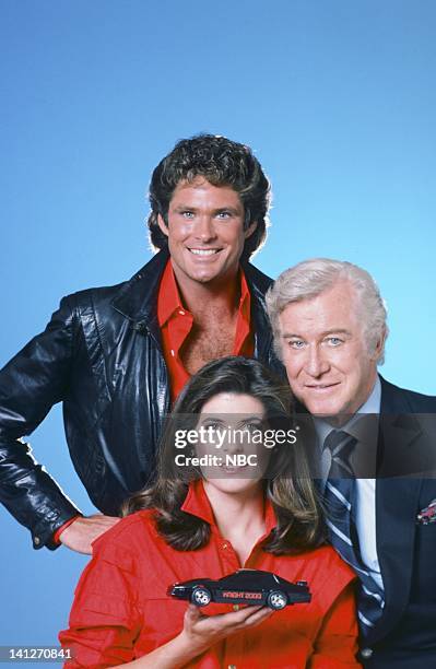 Season 3 -- Pictured: David Hasselhoff as Michael Knight, Patricia McPherson as Bonnie Barstow, Edward Mulhare as Devon Miles -- Photo by: Gary...