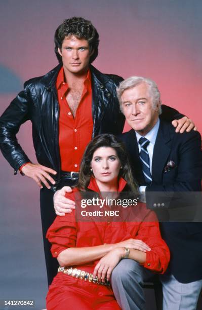 Season 3 -- Pictured: David Hasselhoff as Michael Knight, Patricia McPherson as Bonnie Barstow, Edward Mulhare as Devon Miles -- Photo by: Gary...