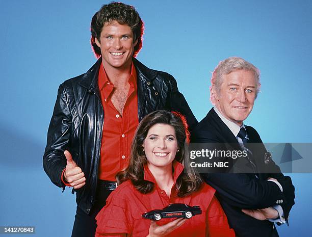 Season 3 -- Pictured: David Hasselhoff as Michael Knight, Patricia McPherson as Bonnie Barstow, Edward Mulhare as Devon Miles -- Photo by: Gary...