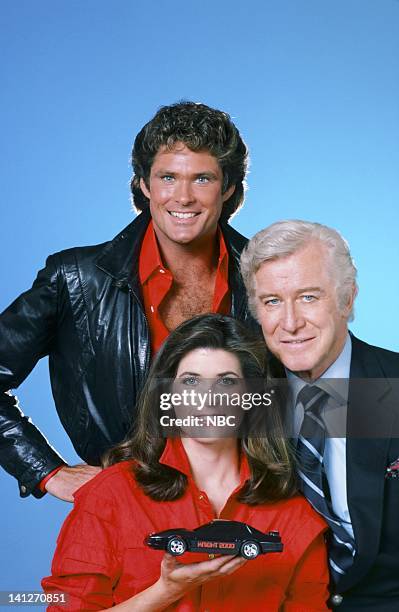 Season 3 -- Pictured: David Hasselhoff as Michael Knight, Patricia McPherson as Bonnie Barstow, Edward Mulhare as Devon Miles -- Photo by: Gary...