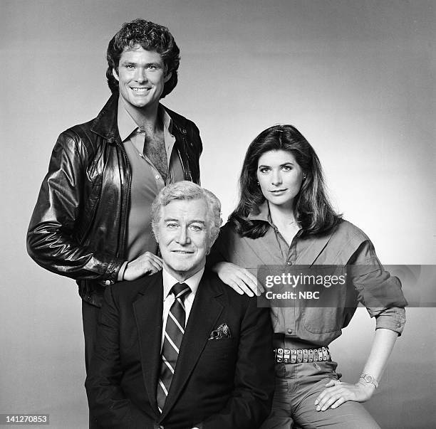 Season 3 -- Pictured: David Hasselhoff as Michael Knight, Edward Mulhare as Devon Miles, Patricia McPherson as Bonnie Barstow -- Photo by: Gary...