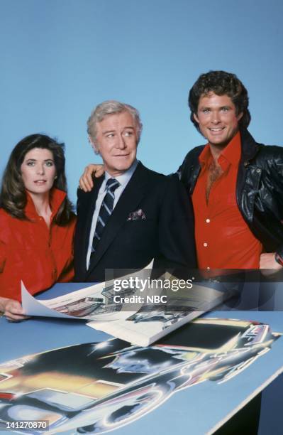 Season 3 -- Pictured: Patricia McPherson as Bonnie Barstow, Edward Mulhare as Devon Miles, David Hasselhoff as Michael Knight -- Photo by: Gary...