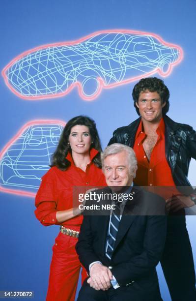 Season 3 -- Pictured: Patricia McPherson as Bonnie Barstow, Edward Mulhare as Devon Miles, David Hasselhoff as Michael Knight -- Photo by: Gary...