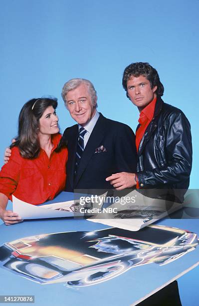 Season 3 -- Pictured: Patricia McPherson as Bonnie Barstow, Edward Mulhare as Devon Miles, David Hasselhoff as Michael Knight -- Photo by: Gary...