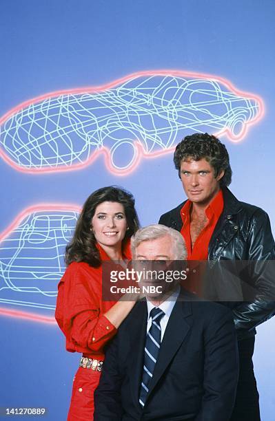 Season 3 -- Pictured: Patricia McPherson as Bonnie Barstow, Edward Mulhare as Devon Miles, David Hasselhoff as Michael Knight -- Photo by: Gary...