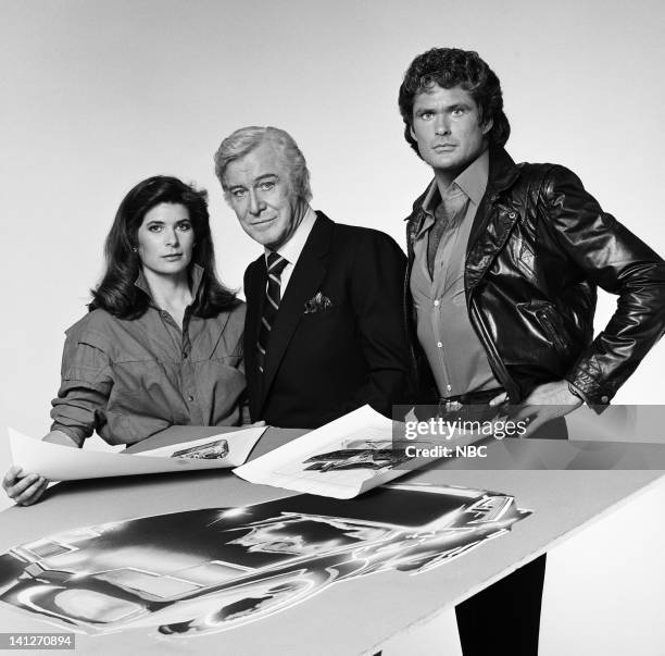 Season 3 -- Pictured: Patricia McPherson as Bonnie Barstow, Edward Mulhare as Devon Miles, David Hasselhoff as Michael Knight -- Photo by: Gary...