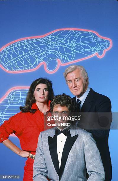 Season 3 -- Pictured: Patricia McPherson as Bonnie Barstow, David Hasselhoff as Michael Knight, Edward Mulhare as Devon Miles -- Photo by: Gary...