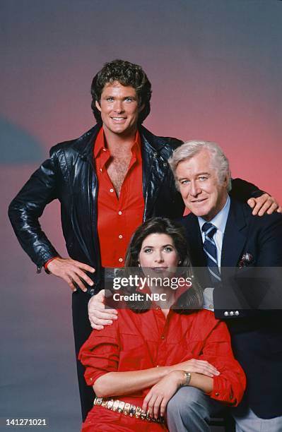 Season 3 -- Pictured: David Hasselhoff as Michael Knight, Patricia McPherson as Bonnie Barstow, Edward Mulhare as Devon Miles -- Photo by: Gary...