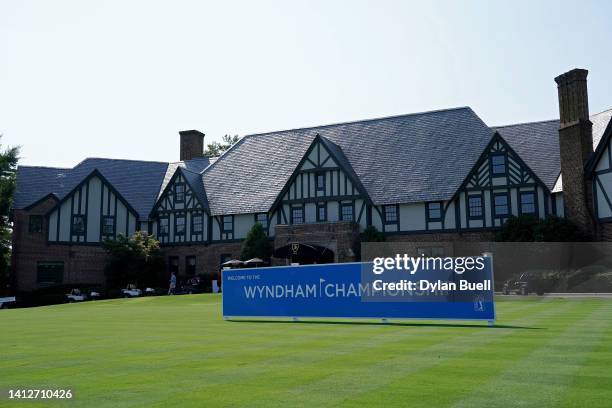 General view of the clubhouse during the pro-am prior to the Wyndham Championship at Sedgefield Country Club on August 03, 2022 in Greensboro, North...