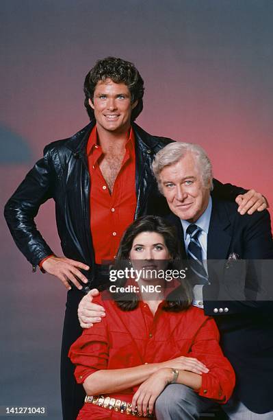 Season 3 -- Pictured: David Hasselhoff as Michael Knight, Patricia McPherson as Bonnie Barstow, Edward Mulhare as Devon Miles -- Photo by: Gary...