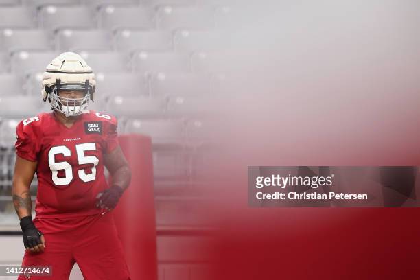 Offensive line Greg Long of the Arizona Cardinals participants in a team training camp at State Farm Stadium on August 03, 2022 in Glendale, Arizona.