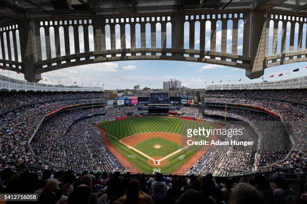 General view as Jordan Montgomery of the New York Yankees pitches against the Kansas City Royals during the third inning at Yankee Stadium on July...