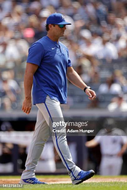 Mike Matheny of the Kansas City Royals walks off the field on against the New York Yankees during the fourth inning at Yankee Stadium on July 31,...