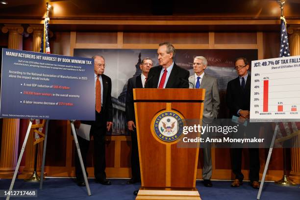 Sen. Mike Crapo , the ranking member of the Senate Finance Committee, speaks at a press conference on taxes at the U.S. Capitol Building on August...