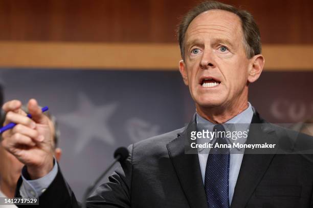 Sen. Pat Toomey speaks at a press conference on taxes at the U.S. Capitol Building on August 03, 2022 in Washington, DC. Republican members of the...