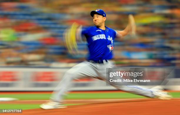 Yusei Kikuchi of the Toronto Blue Jays pitches during a game against the Tampa Bay Rays at Tropicana Field on August 03, 2022 in St Petersburg,...
