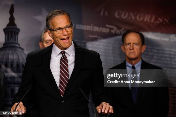 Senate Minority Whip John Thune speaks during a press conference on taxes at the U.S. Capitol Building on August 03, 2022 in Washington, DC....