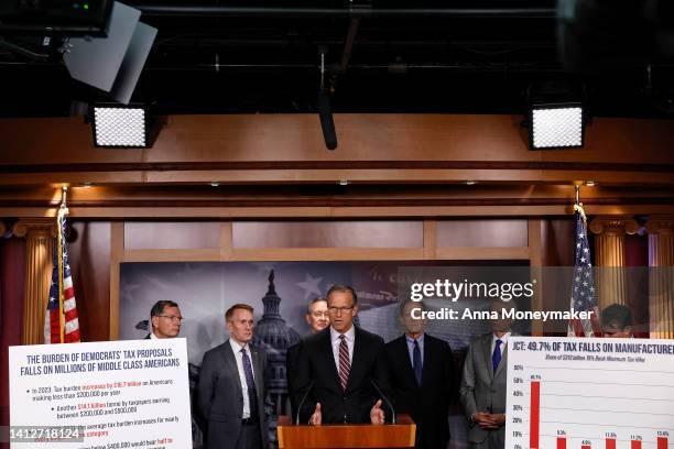 Senate Minority Whip John Thune speaks during a press conference on taxes at the U.S. Capitol Building on August 03, 2022 in Washington, DC....