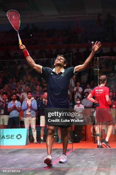 Saurav Ghosal of Team India celebrates their victory in Men's Singles - Bronze Medal Match between India and England on day six of the Birmingham...