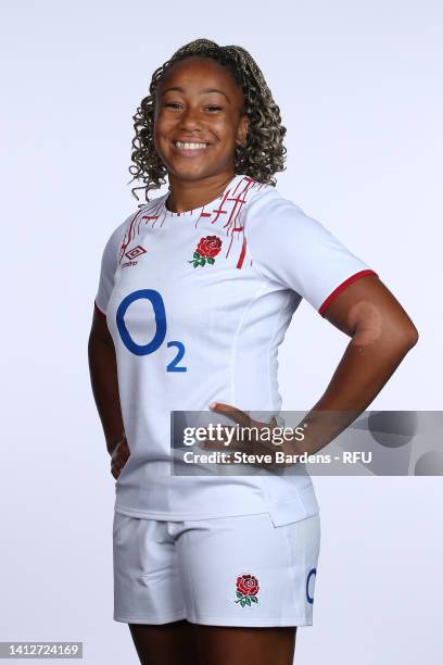 Sadia Kabeya poses for a portrait during England Red Roses Squad Photocall at Village Hotel Bracknell on August 01, 2022 in Bracknell, England.