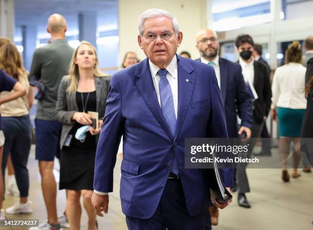 Sen. Bob Menendez , Chairman of the Senate Foreign Relations Committee, makes his way to the Senate Chambers at the U.S. Capitol on August 03, 2022...