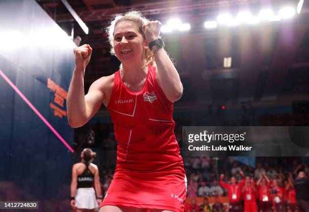 Georgina Kennedy of Team England celebrates their victory in Women's Singles - Gold Medal Match between Canada and England on day six of the...