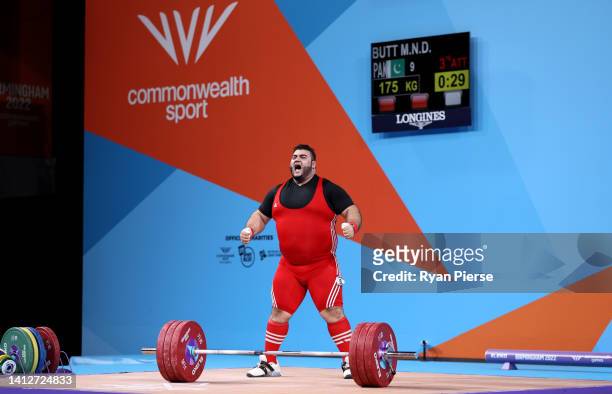Muhammad Nooh Dastgir Butt of Team Pakistan reacts after failing to perform a snatch during the Men's 109+kg Final on day six of the Birmingham 2022...