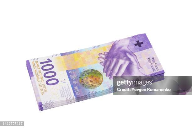 stack of 1000 swiss francs banknotes - franken stock-fotos und bilder