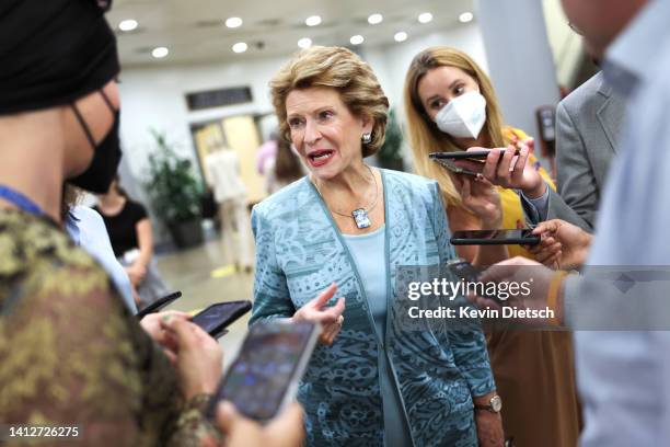 Sen. Debbie Stabenow speaks to members of the media at the U.S. Capitol on August 03, 2022 in Washington, DC. The Senate is set to vote on ratifying...