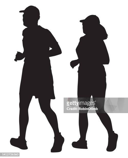 adult couple jogging together silhouette - mature adult couple stock illustrations