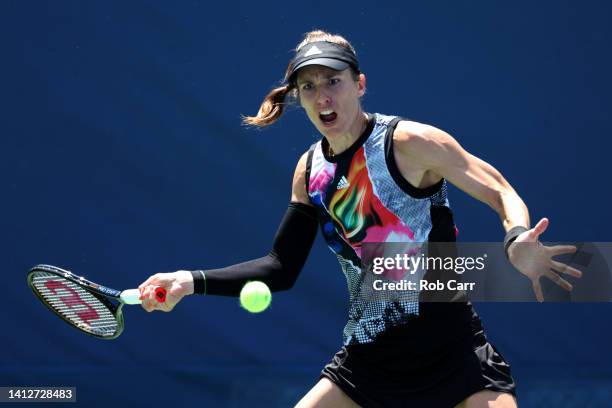 Andrea Petkovic of Germany returns a shot to Rebecca Marino of Canada during Day 5 of the Citi Open at Rock Creek Tennis Center on August 03, 2022 in...