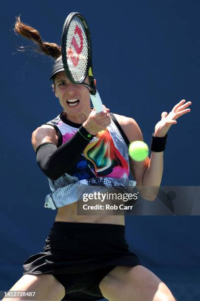 Andrea Petkovic of Germany returns a shot to Rebecca Marino of Canada during Day 5 of the Citi Open at Rock Creek Tennis Center on August 03, 2022 in...
