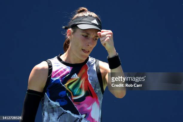 Andrea Petkovic of Germany reacts to winning a point against Rebecca Marino of Canada during Day 5 of the Citi Open at Rock Creek Tennis Center on...