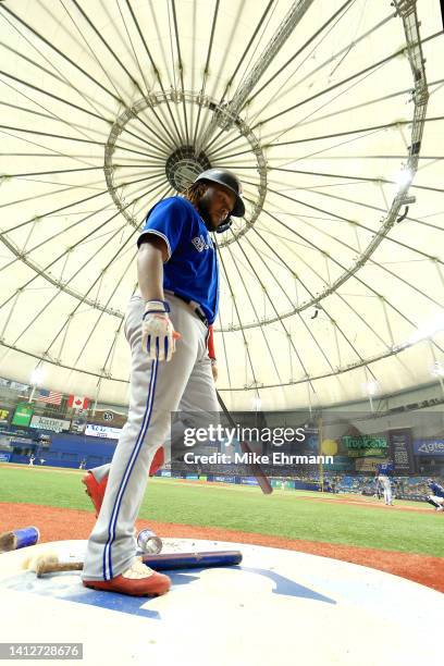 Vladimir Guerrero Jr. #27 of the Toronto Blue Jays looks on during a game against the Tampa Bay Rays at Tropicana Field on August 03, 2022 in St...