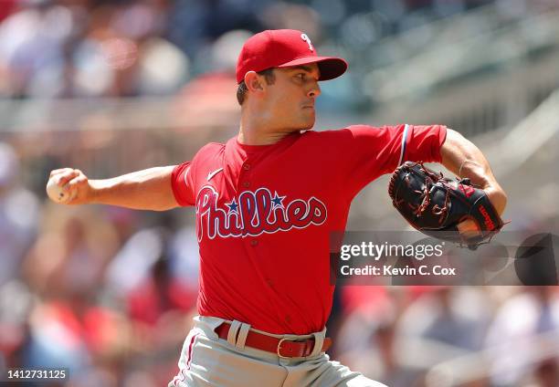 David Robertson of the Philadelphia Phillies pitches in the ninth inning against the Atlanta Braves at Truist Park on August 03, 2022 in Atlanta,...