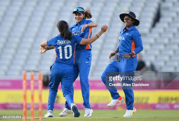 Renuka Singh Thakur of Team India celebrates the wicket of Aaliyah Alleyne of Team Barbados during the Cricket T20 Group A match between Team India...
